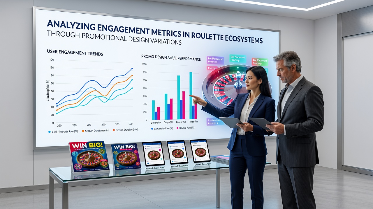 Roulette wheel interface showing varied promotional overlays and player engagement data dashboards