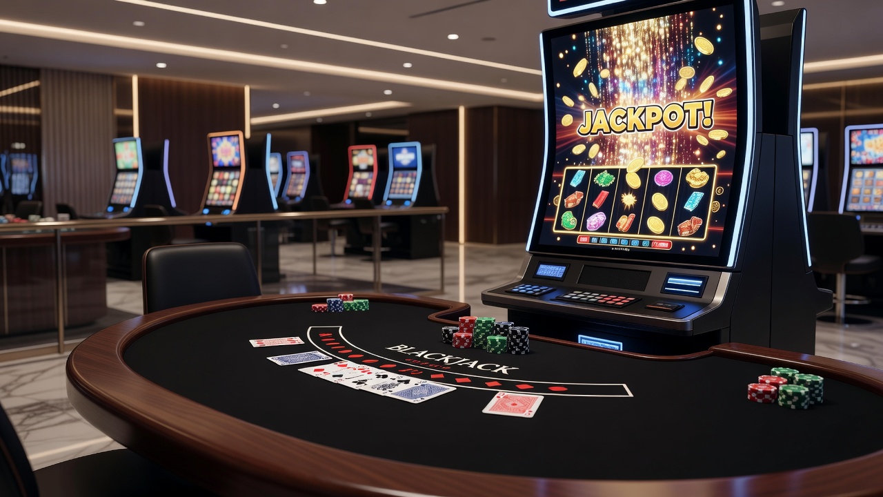 Overview of various casino game tables and slot machines in a modern gaming floor