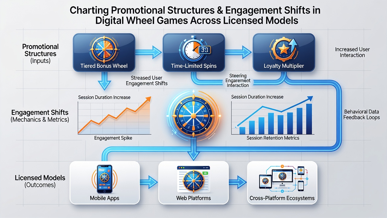 Analytics dashboard showing engagement metrics and cross-state retention trends for digital wheel games
