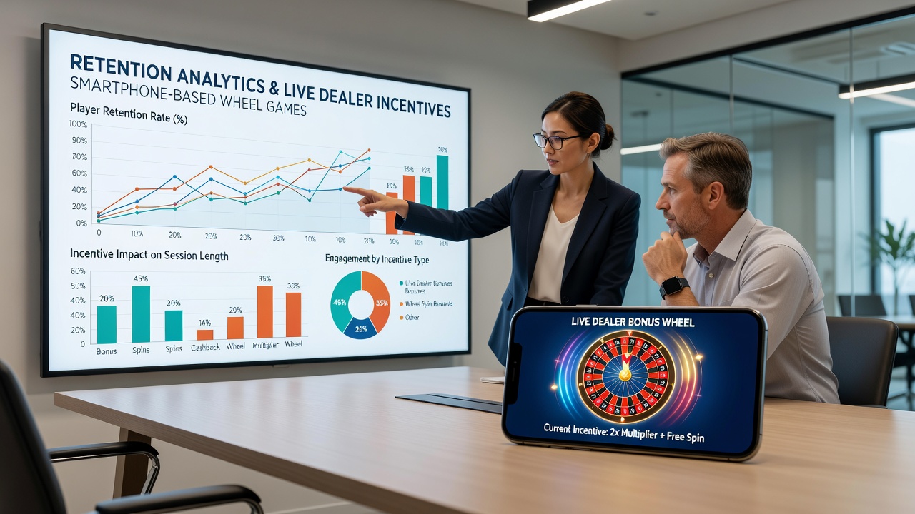 Analytics dashboard showing retention curves and live dealer incentive redemption rates for mobile wheel games