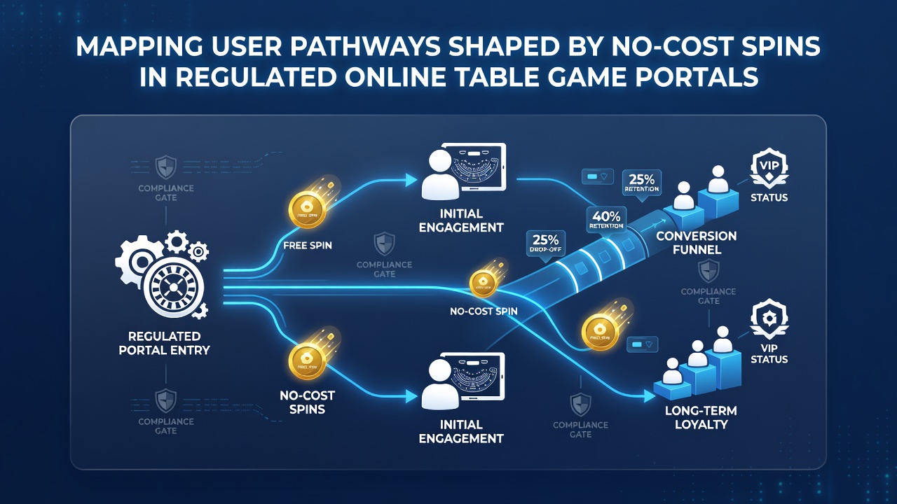 Diagram showing user pathways through online table game portals influenced by no-cost spins and retention metrics
