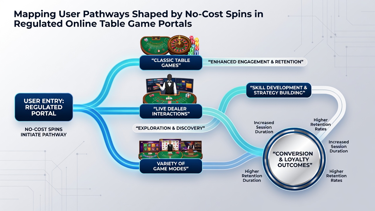 Analytics dashboard displaying retention curves and user pathway flows for no-cost spin promotions in digital casinos