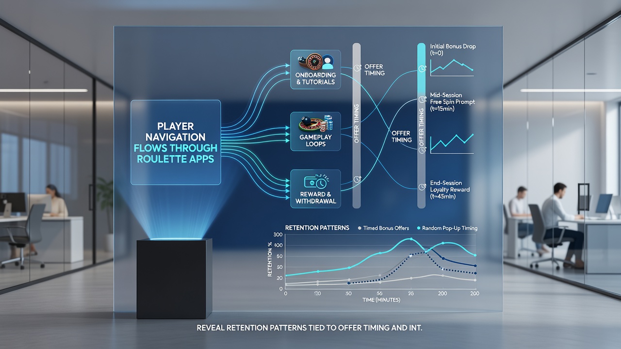 Analytics dashboard displaying retention graphs linked to offer timing and interface cue interactions in roulette apps